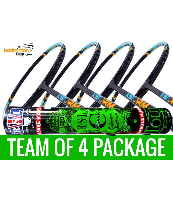 Team Package: 1 Tube RSL Classic Shuttlecocks + 4 Rackets - Abroz XStorm 88 Badminton Racket (6U)