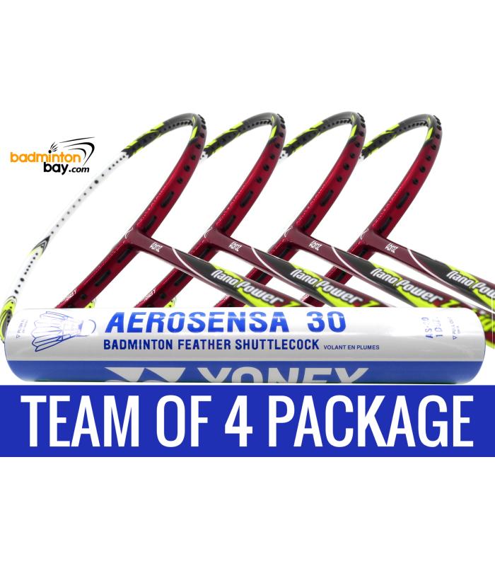 Team Package: 1 Tube Yonex AS30 Shuttlecocks + 4 Rackets - Abroz Nano Power Z-Light 6U Badminton Racket