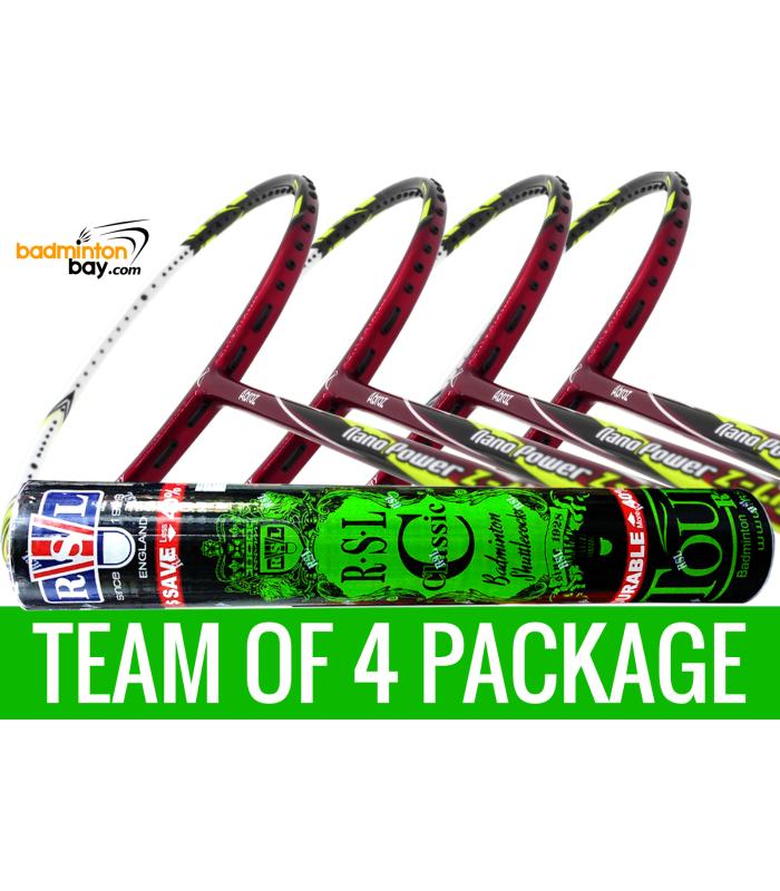 Team Package: 1 Tube RSL Classic Shuttlecocks + 4 Rackets - Abroz Nano Power Z-Light 6U Badminton Racket