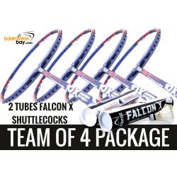 Team Package: 2 Tubes Abroz Falcon X Shuttlecocks + 4 Rackets Apacs Blend Duo 10X Blue Red White Badminton Racket (6U)