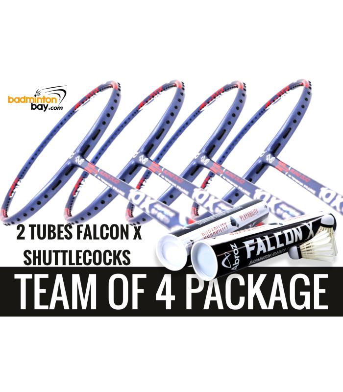 Team Package: 2 Tubes Abroz Falcon X Shuttlecocks + 4 Rackets Apacs Blend Duo 10X Blue Red White Badminton Racket (6U)