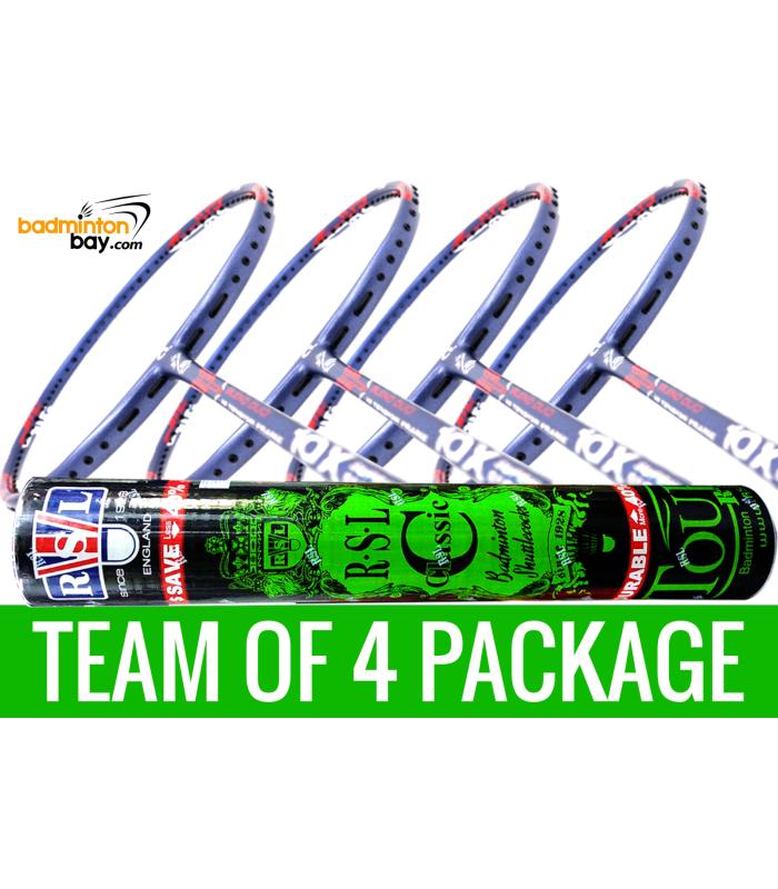 Team Package: 1 Tube RSL Classic Shuttlecocks + 4 Rackets Apacs Blend Duo 10X Blue Red White Badminton Racket (6U)