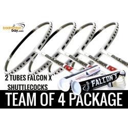 Team Package: 2 Tubes Abroz Falcon X Shuttlecocks + 4 Rackets - Apacs EdgeSaber 10 White Badminton Racket