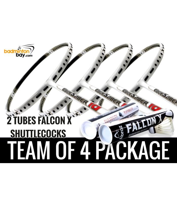 Team Package: 2 Tubes Abroz Falcon X Shuttlecocks + 4 Rackets - Apacs EdgeSaber 10 White Badminton Racket