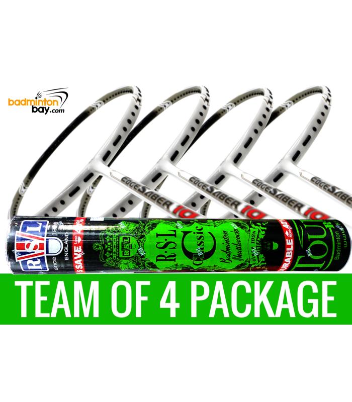 Team Package: 1 Tube RSL Classic Shuttlecocks + 4 Rackets - Apacs EdgeSaber 10 White Badminton Racket