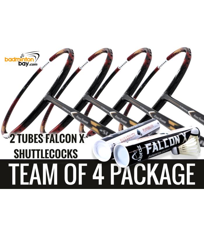Team Package: 2 Tubes Abroz Falcon X Shuttlecocks + 4 Rackets Apacs Edgesaber Z Slayer Black Gold Compact Frame Badminton Racket (4U)
