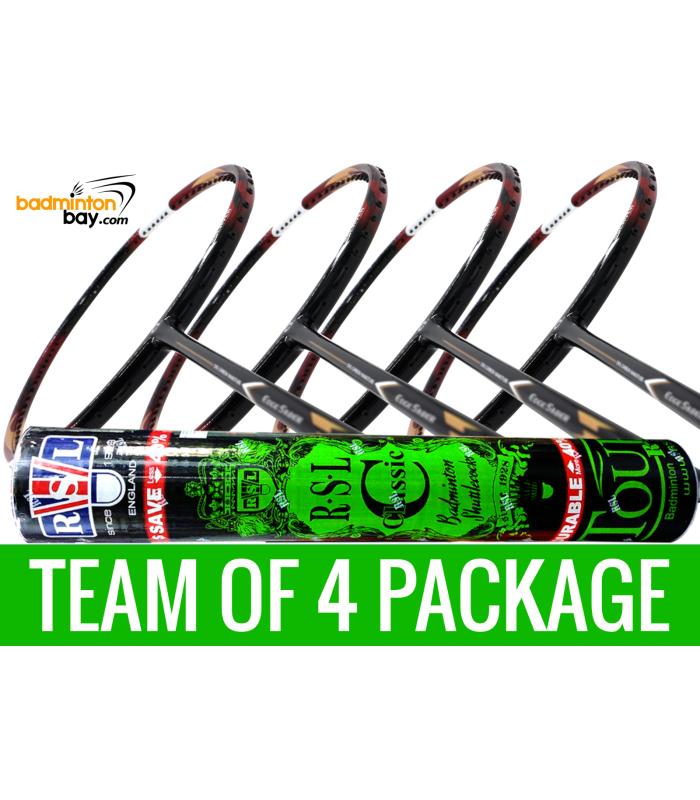 Team Package: 1 Tube RSL Classic Shuttlecocks + 4 Rackets Apacs Edgesaber Z Slayer Black Gold Compact Frame Badminton Racket (4U)