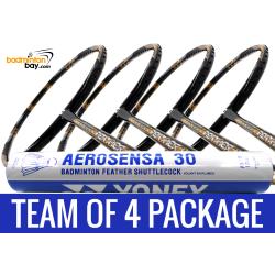 Team Package: 1 Tube Yonex AS30 Shuttlecocks + 4 Rackets - Apacs Feather Weight X SPECIAL (XS) Black Gold Badminton Racket
