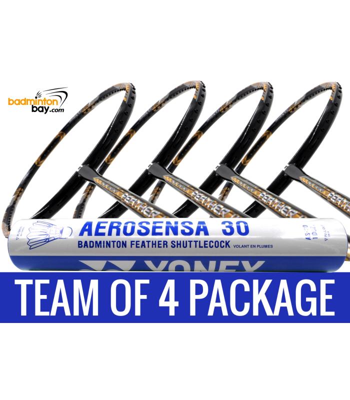 Team Package: 1 Tube Yonex AS30 Shuttlecocks + 4 Rackets - Apacs Feather Weight X SPECIAL (XS) Black Gold Badminton Racket