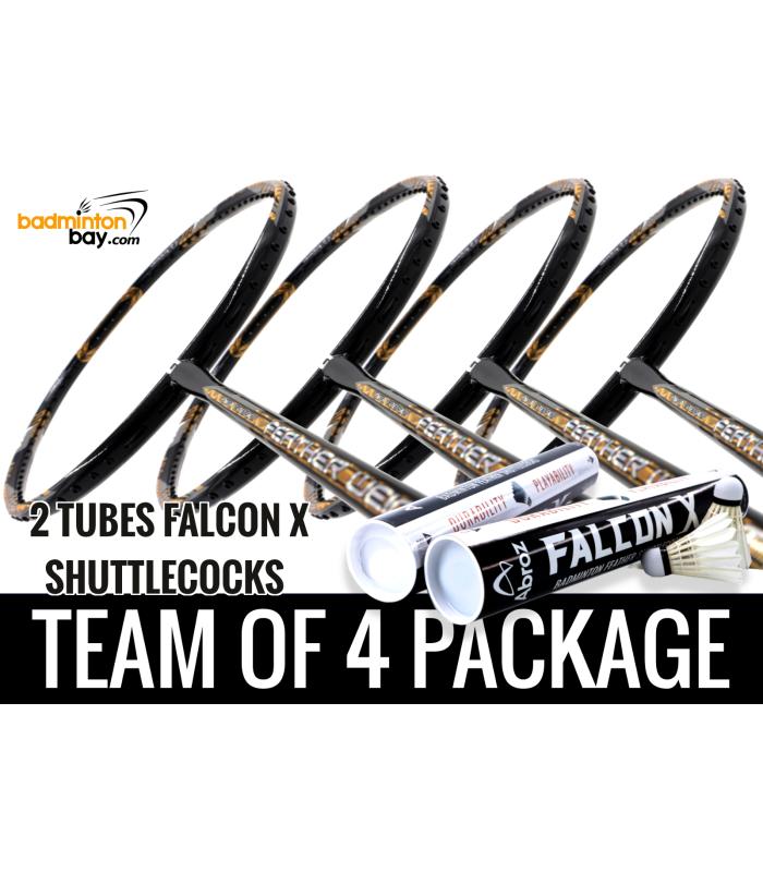 Team Package: 2 Tubes Abroz Falcon X Shuttlecocks + 4 Rackets - Apacs Feather Weight X SPECIAL (XS) Black Gold Badminton Racket