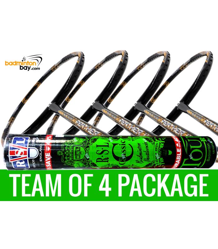 Team Package: 1 Tube RSL Classic Shuttlecocks + 4 Rackets - Apacs Feather Weight X SPECIAL (XS) Black Gold Badminton Racket