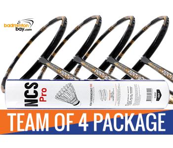 Team Package: 1 Tube Victor NCS Pro Synthetic Feather Shuttlecocks + 4 Rackets - Apacs Feather Weight X SPECIAL (XS) Black Gold Badminton Racket