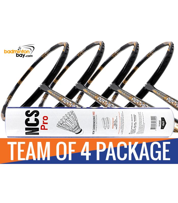 Team Package: 1 Tube Victor NCS Pro Synthetic Feather Shuttlecocks + 4 Rackets - Apacs Feather Weight X SPECIAL (XS) Black Gold Badminton Racket