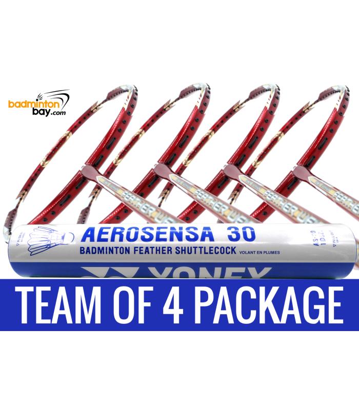 Team Package: 1 Tube Yonex AS30 Shuttlecocks + 4 Rackets - Apacs Feather Weight X II Red Gold Badminton Racket