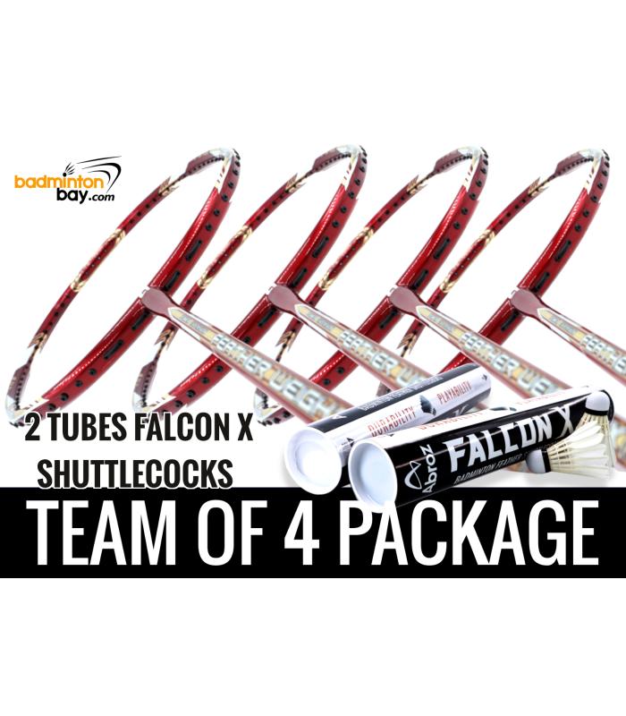 Team Package: 2 Tubes Abroz Falcon X Shuttlecocks + 4 Rackets - Apacs Feather Weight X II Red Gold Badminton Racket