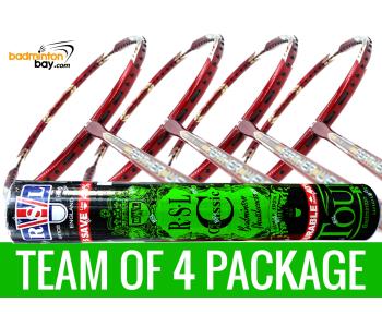 Team Package: 1 Tube RSL Classic Shuttlecockss + 4 Rackets - Apacs Feather Weight X II Red Gold Badminton Racket