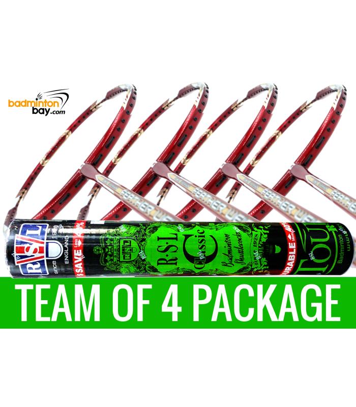 Team Package: 1 Tube RSL Classic Shuttlecockss + 4 Rackets - Apacs Feather Weight X II Red Gold Badminton Racket