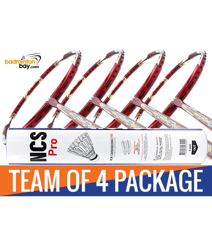 Team Package: 1 Tube Victor NCS Pro Synthetic Feather Shuttlecocks + 4 Rackets - Apacs Feather Weight X II Red Gold Badminton Racket