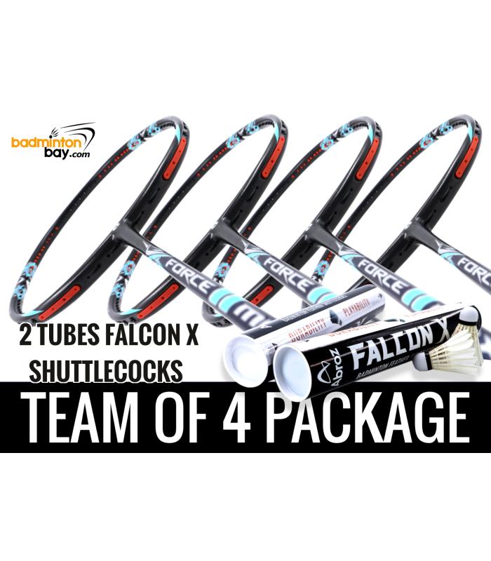 Team Package: 2 Tubes Abroz Falcon X Shuttlecocks + 4 Rackets Apacs Force II Max 4U Compact Frame Badminton Racket