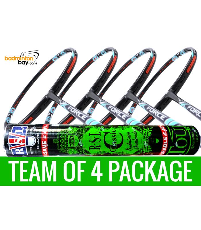 Team Package: 1 Tube RSL Classic Shuttlecocks + 4 Rackets - Apacs Force II Max 4U Compact Frame Badminton Racket