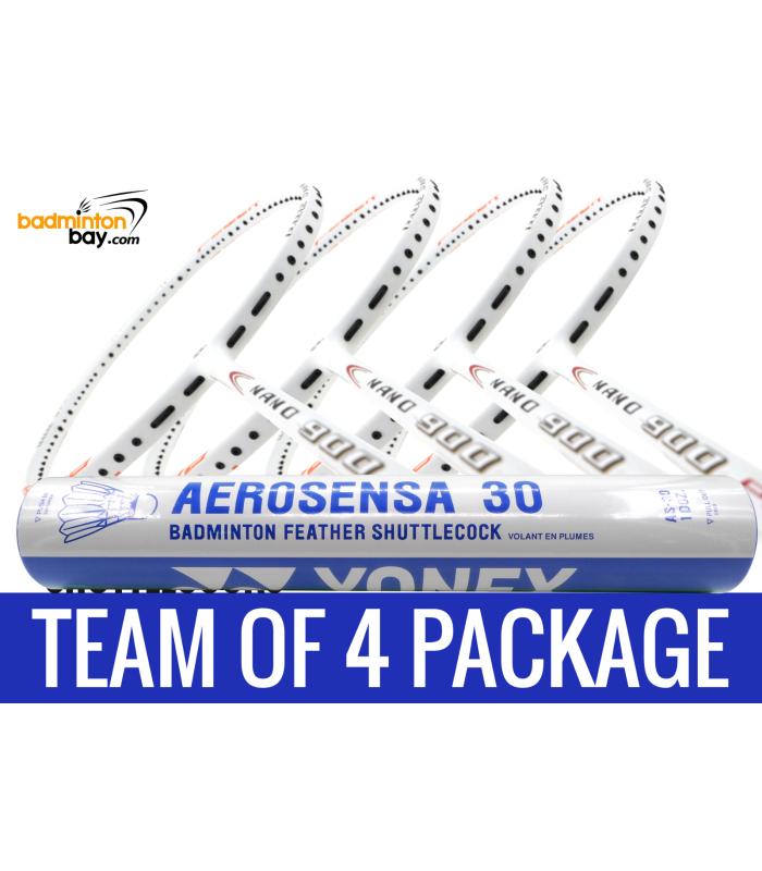 Team Package: 1 Tube Yonex AS30 Shuttlecocks + 4 Rackets - Apacs Nano 900 Power (White) Badminton Racket