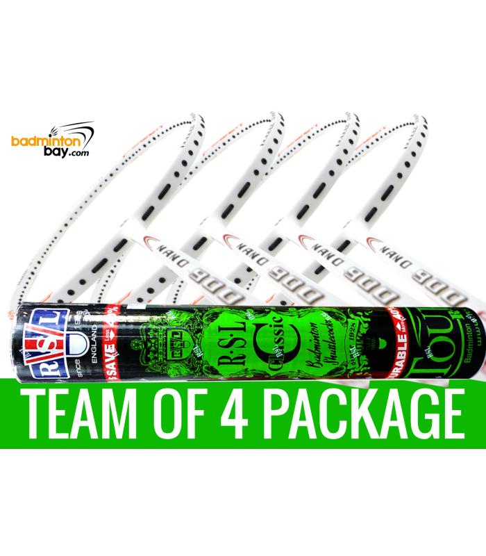 Team Package: 1 Tube RSL Classic Shuttlecocks + 4 Rackets - Apacs Nano 900 Power (White) Badminton Racket