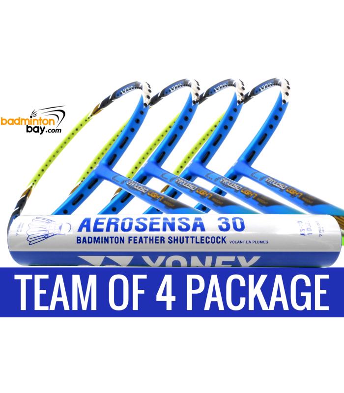 Team Package: 1 Tube Yonex AS30 Shuttlecocks + 4 Rackets - Apacs Virtuoso Light Blue Green Badminton Racket