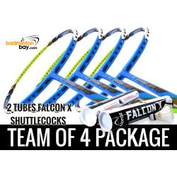 Team Package: 2 Tubes Abroz Falcon X Shuttlecocks + 4 Rackets Apacs Virtuoso Light Blue Green Badminton Racket