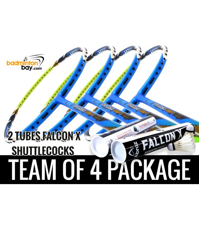 Team Package: 2 Tubes Abroz Falcon X Shuttlecocks + 4 Rackets Apacs Virtuoso Light Blue Green Badminton Racket