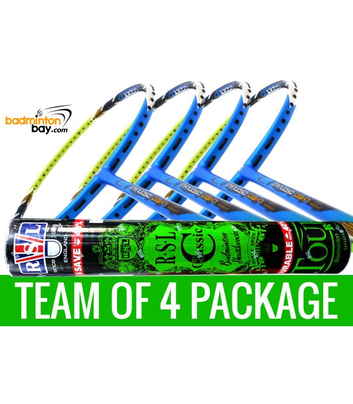 Team Package: 1 Tube RSL Classic Shuttlecocks + 4 Rackets - Apacs Virtuoso Light Blue Green Badminton Racket