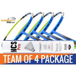 Team Package: 1 Tube Victor NCS Pro Synthetic Feather Shuttlecocks + 4 Rackets - Apacs Virtuoso Light Blue Green Badminton Racket