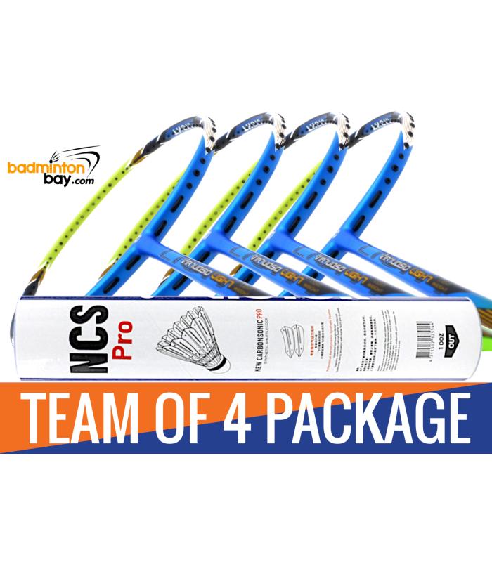 Team Package: 1 Tube Victor NCS Pro Synthetic Feather Shuttlecocks + 4 Rackets - Apacs Virtuoso Light Blue Green Badminton Racket
