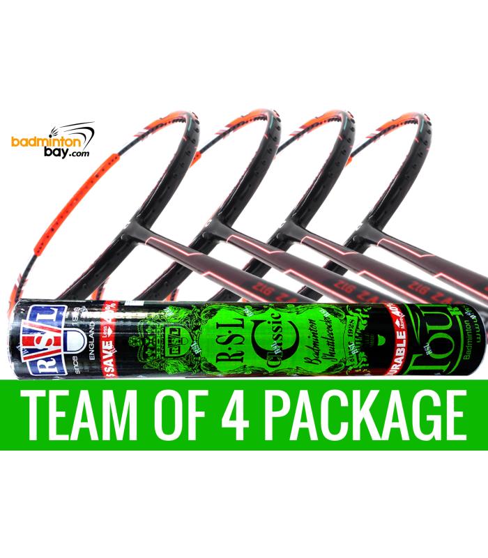 Team Package: 1 Tube RSL Classic Shuttlecocks + 4 Rackets - Apacs Zig Zag Speed Orange (Prime Version) Compact Frame Badminton Racket